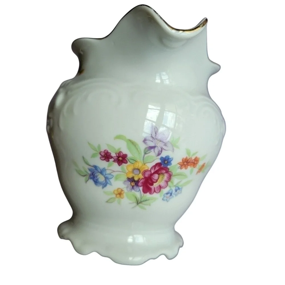 Walbrzych Poland White Embossed Floral Gold Rim‎ Creamer Cottage Vtg Tea Party